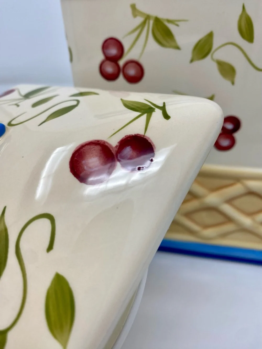 Ceramic Cherry Canister with Blue Trim